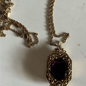 Goldette Vintage Filigree Locket Pendant Necklace with Purple Stone Accent
